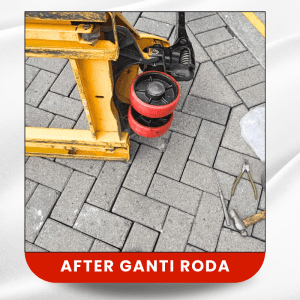 Roda PU yang rusak sudah diganti oleh service hand pallet Jakarta namun masih dalam posisi miring