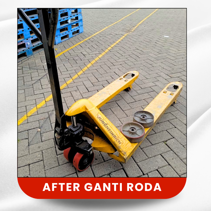 Hasil akhir dan posisi hand pallet setelah diganti roda oleh service hand lift Jakarta terdekat