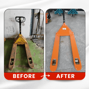 Service Hand Pallet Cikarang tedekat oleh teknisi berpengalaman di area gudang industri.