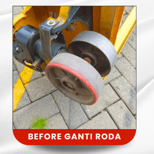 Roda PU rusak sebelum dilakukan proses penggantian oleh service hand pallet Jakarta terdekat